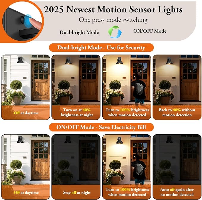 Motion Sensor Outdoor Wall Lights, Dusk to Dawn Porch Lights Outdoor Wall Sconces, Exterior Barn Lighting Fixtures with Outlet, Black Outside Lights for House, 2-Pack