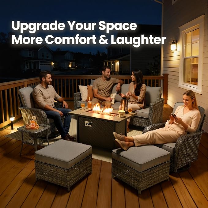 7 Piece Patio Furniture Set with Firepit Swivel Chair, Dark Gray | High Back Swivel Rocker Chairs, Deep Seat Sofa Ottoman, Fire Pit Table, Outdoor Conversation Sets for Porch Deck Backyard