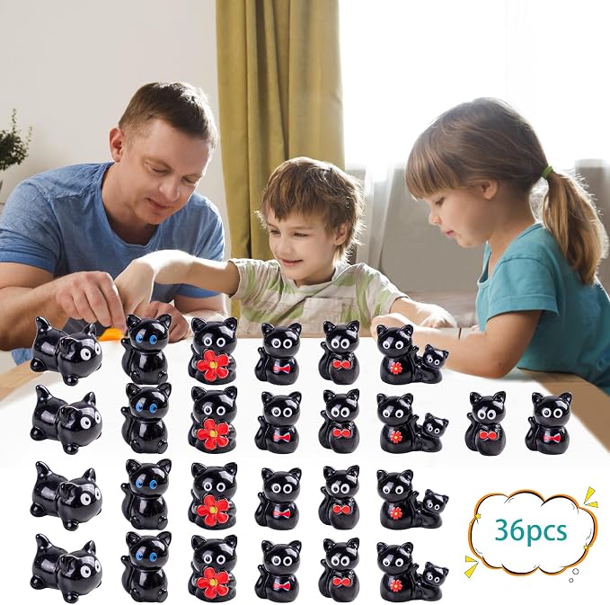 36 pcs Mini Resin Black Cats Variety Tiny Animals Figures Miniature Little Small Cat Figurines Bulk for Micro Fairy Garden Landscape Accessories Hide Crafts Decor Aquarium