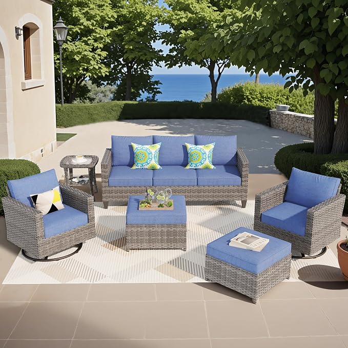 ovios 6 Pieces Patio Furniture Set, Outdoor Wicker Rattan Sofa Couch with Swivel Glider Chairs Comfy Cushions, Modern Conversation Set for Deck Backyard Porch, Denim Blue