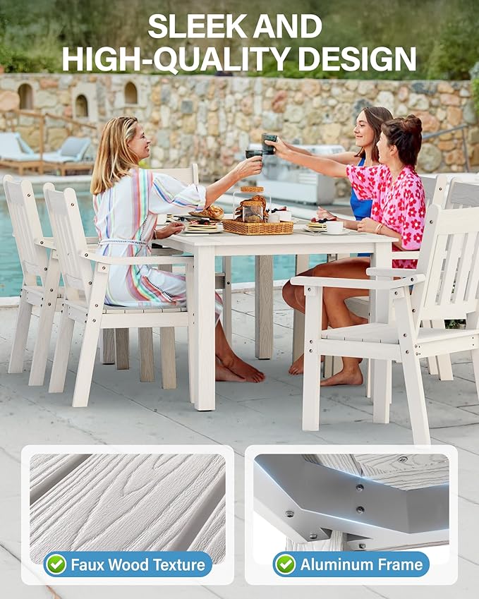 YEFU Outdoor Dining Table for 6: All Weather Rectangular Patio Table with Umbrella Hole and Aluminum Frame - Outdoor Furniture for Outside Backyard/Garden/Pool/Porch/Deck, 300lbs Capacity, White