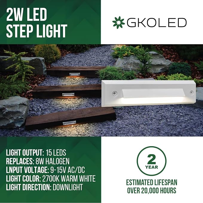 6-Pack Low Voltage 9-15V AC/DC LED Linear Step Lights, 2W Landscape Cutoff Stair Riser Light, Outdoor Waterproof Accent Lighting Fixtures, Die-cast Aluminum with White Powder Coated Finish