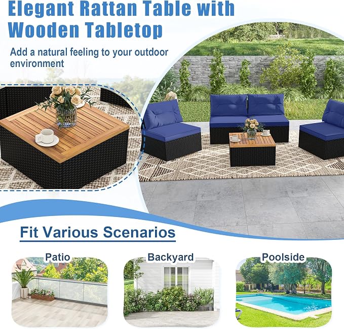 DORTALA 5 Piece Wicker Patio Furniture Set, PE Rattan Outdoor Sectional Conversation Set with Acacia Wood Coffee Table, 4 Chairs for Deck, Backyard, Poolside, Navy