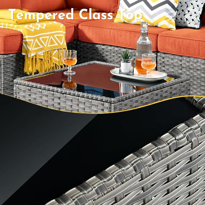 Weaxty 7 Pieces Outdoor Patio Furniture Set,Wicker Sectional Sofa Couch with Thicken Cushion and Glass Coffee Table,All Weather Rattan Patio Conversation Sets for Porch,Poolside,Backyard,Orange Red