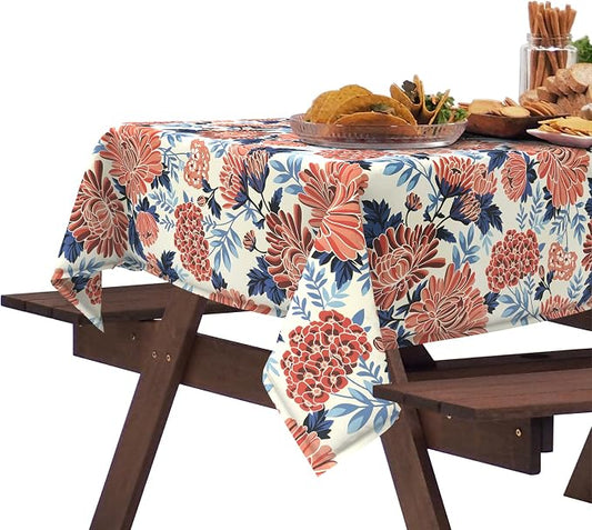 DYTXIII Outdoor Rectangle Tablecloth with Umbrella Hole and Zipper 84" x 60", Water Repellent Floral Picnic Cover, Fade & Wrinkle Resistant Tablecloth for Patio/Garden/Party Table, Red Chrysanthemum