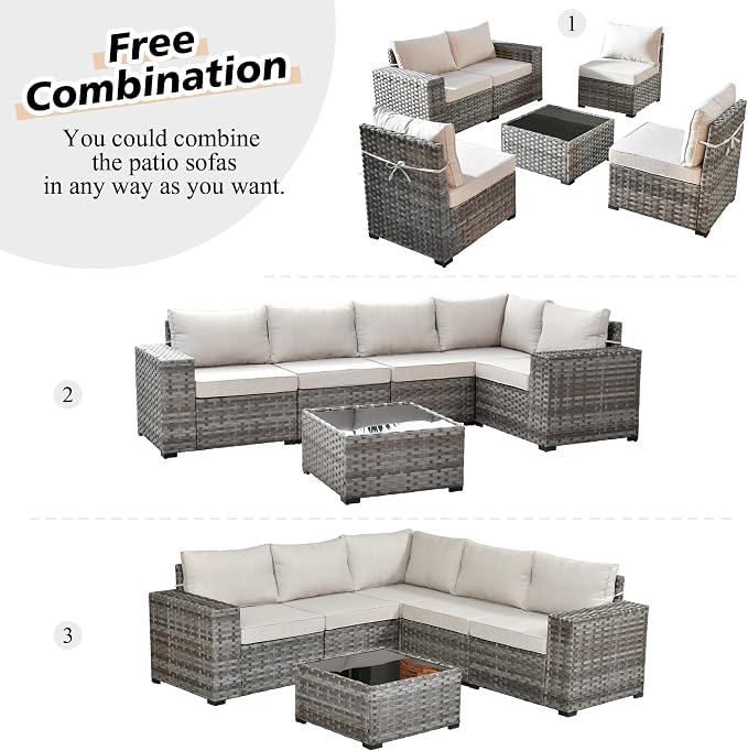HOOOWOOO Outdoor Patio Sectional Furniture Sofa Set with Widened Armrest,6 Piece Small Modern Wicker Couch,Modular L Shaped Conversation Seating Set with Table for Out Door Garden Corner(Beige Tan)