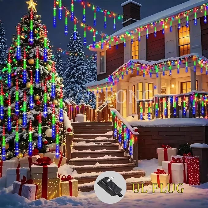 Weepong Meteor Shower Lights UL Certified 192LEDs 8 Tubes Falling Rain Drop Christmas Icicle Cascading Lights for Xmas Tree Halloween Decorations Wedding Party Holiday Garden Decor, Multicolor