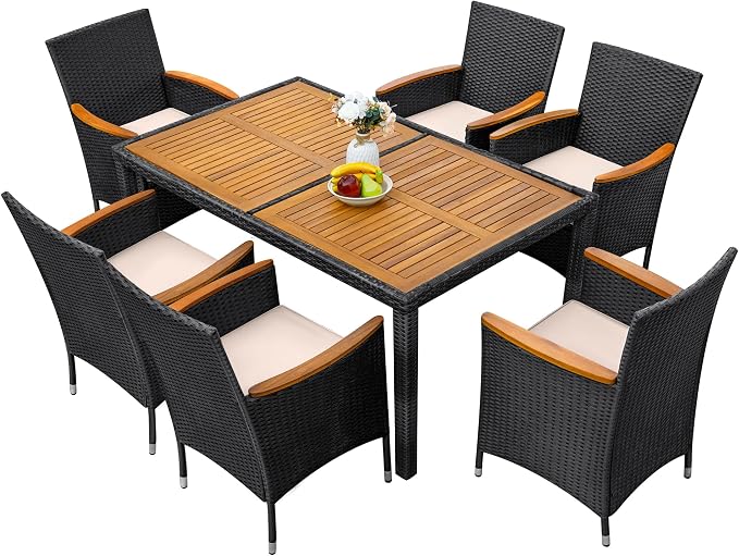 Greesum 7 Pieces Outdoor Patio Dining Set, Conversation Sets with 1 Table and 6 Rattan Chairs with Curved Acacia Wooden Armrests and Cushions, Black