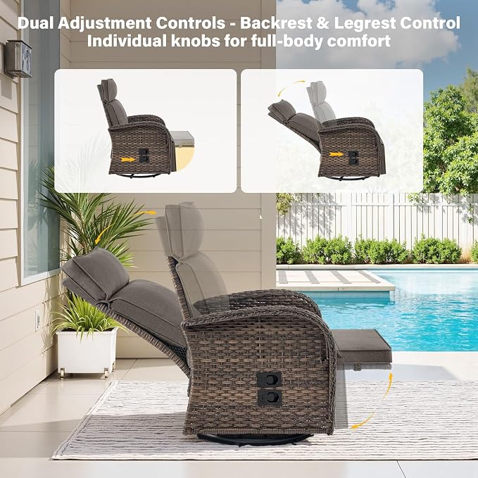 Belord Swivel Outdoor Recliner Chair Set of 2 - Reclining Patio Chair with Adjustable Backrest and Footrest, All-Weather Wicker Chaise Lounge Chair Outdoor for Pool Deck (Upgraded 2.0)