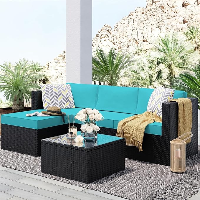 3 Piece Outdoor Patio Conversation Sofa Set PE Rattan Patio Furniture Set Patio Sectional Sofa with Detachable Glass Coffee Table