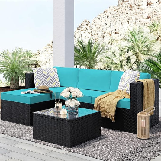 3 Piece Outdoor Patio Conversation Sofa Set PE Rattan Patio Furniture Set Patio Sectional Sofa with Detachable Glass Coffee Table