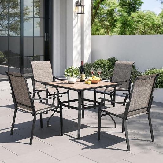 PHI VILLA 5 pcs Patio Dining Table and Chairs,Textilene Dining Chairs Sturdy and Durable and Square Metal Table with Wooden Table Top,Black Frame with E-Coating for Lawn,Garden