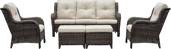 Rilyson Outdoor Furniture Set, 5-Piece Patio Rattan Wicker Sectional Sofa Set with 3-Seat Couch, 2 Armchairs, 2 Ottoman Footrests for Patio Conversation (5 PC,Brown/Beige)