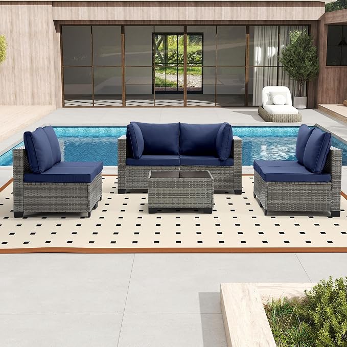 Bonzy Home 7 Pieces Outdoor Patio Furniture Set, PE Rattan Outdoor Sectional Furniture Sofa Set with Removable Cover and Glass Coffee Table, Patio Sofa for Balcony, Porch, Garden, (Grey-Navy Blue)