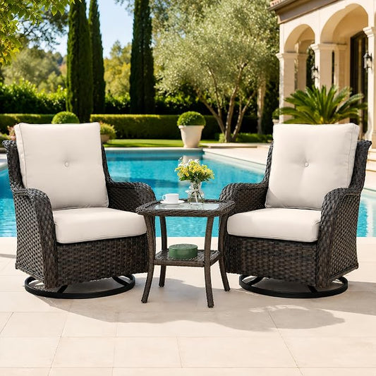 HUMMUH 3-Piece Swivel Rocking Rattan Chair Outdoor, Patio Bistro Furniture Conversation Set, Cushioned Wicker Chair with Glass Coffee Table (Brown, Beige)