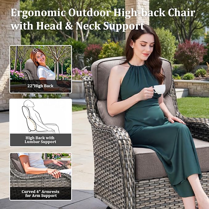 Luxury High Back Patio Furniture Set with Fire Pit Table and 6-Inch Thick Cushions, 5-Pieces Outdoor Furniture w/ 4 Swivel Chairs, Wicker Conversation Set for Porch, Balcony, Deck and Yard, Grey
