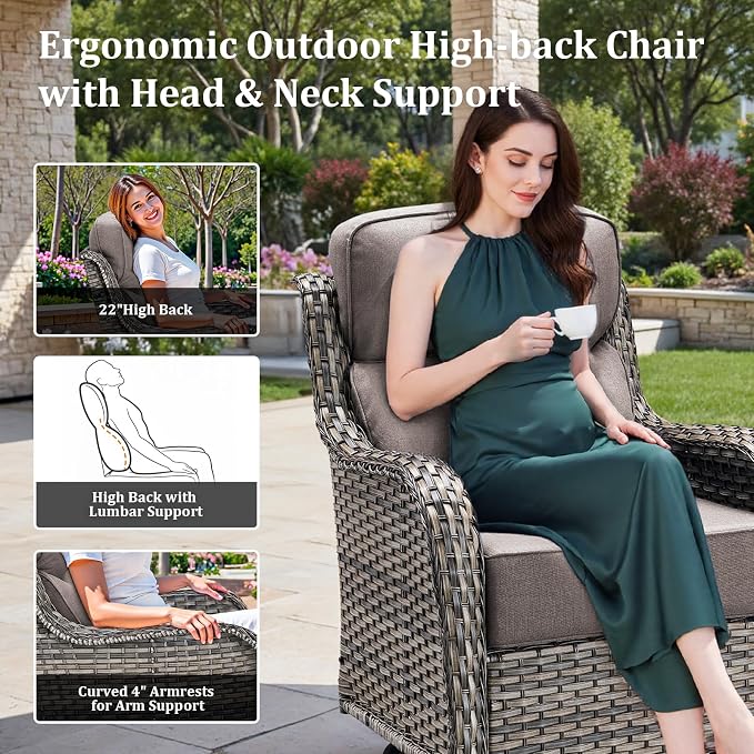 Luxury Patio Furniture Set with 42.5" Fire Pit Table, 10 Pieces High Back All Weather Wicker Outdoor Furniture w/ 6-Inch Thick Cushions, Patio Swivel Chairs Couch for Deck Balcony Backyard Grey