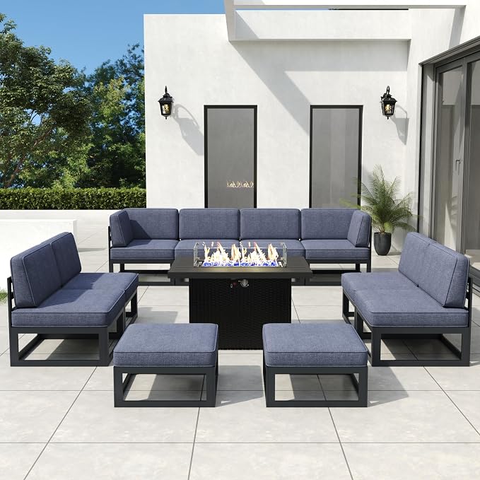 11 Pieces Aluminum Patio Furniture Set with Propane Gas 44" Fire Pit Table, Metal Outdoor Conversation Sofa Set with Seating Cushions
