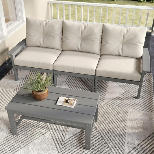 HDPE Patio Sofa Set, 4-Piece Sectional Outdoor Patio Furniture Set, All Weather Outdoor Couch Set with Coffee Table & Beige Washable Thick Cushions for Balcony, Porch, (Grey Frame)