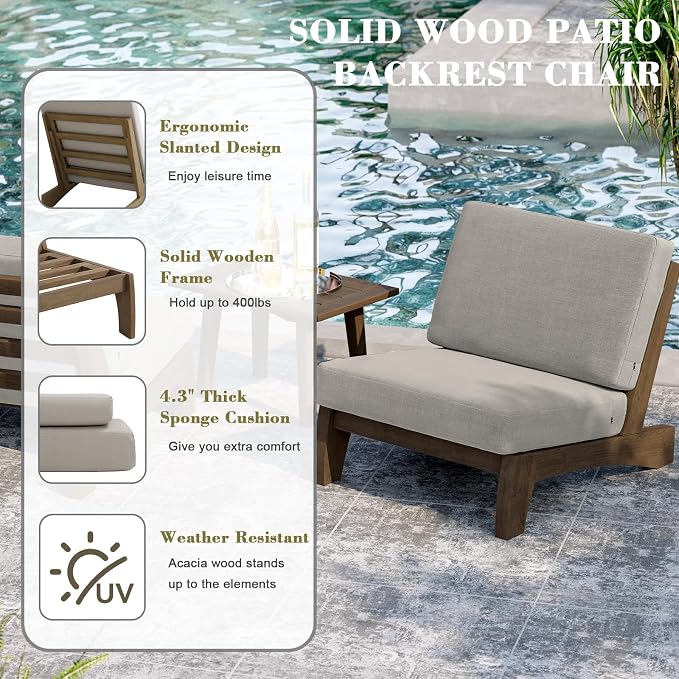 3 Piece Wood Patio Chair Outdoor Bistro Set, All Weather Outdoor Furniture Patio Sofa Chair Backyard Seating Group Conversation Sets with Wooden Side Table - Light Camel