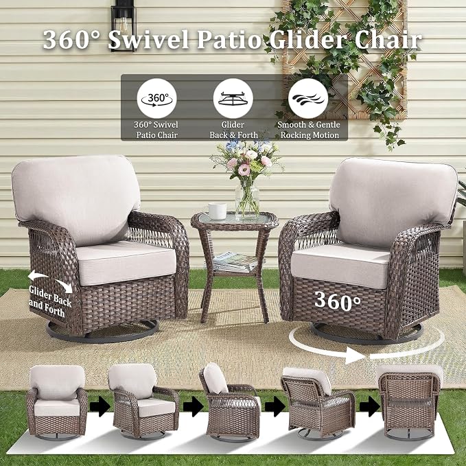 Patio Furniture Sets, 6 PCS Wicker Outdoor Furniture with Patio Sidetables - Patio Swivel Rocking Chairs and Rattan Side Table for Garden, Porch, Backyard, Beige/Brown Wicker