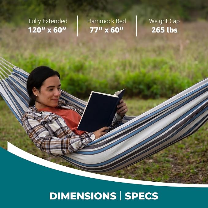 Bliss Hammocks 60" W Double Outdoor Hammock with Hand-Woven Rope Loops & Tree Straps, Patio, Durable, Cotton/Polyester, 265 Lbs Capacity, Sunday Volleyball Stripe