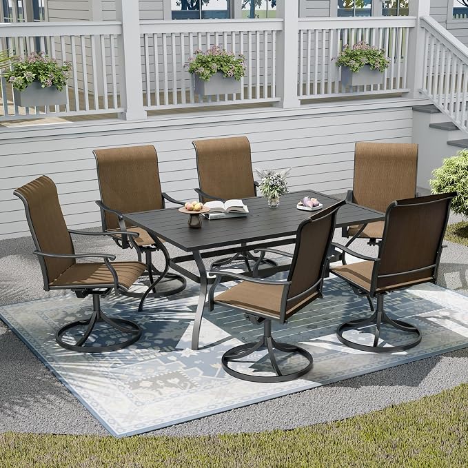 Outdoor Patio Dining Set,Including 6pcs Swivel Chairs and 60"x 38"x 28" Patio Dining Table,Garden Furniture Set with 1.6" Umbrella Hole for All Weather