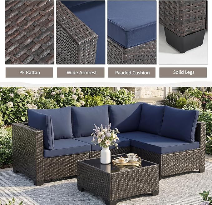 ANJ 7 Piece Outdoor Wicker Patio Furniture Set, Modular Loveseat Sofa with with Glass Top Coffee Table, All-Weather Rattan Conversation Couch Set for Balcony, Backyard, Dark Brown Wicker-Blue