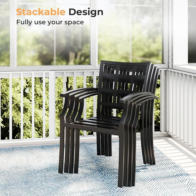 HAPPATIO 7-Piece Patio Dining Set, Outdoor Dining Set with Powder-Coated Metal,Dining Table with Umbrella Hole, 6 Stackable Chairs with Removable Cushions for Porch Poolside Garden, Navy Blue