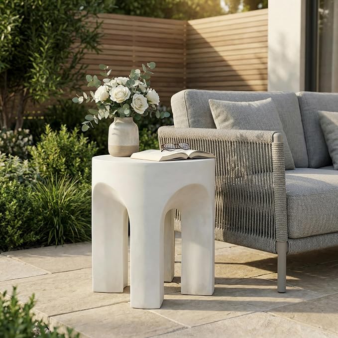 Outdoor Side Table Concrete End Tables Small Stone Bench Patio Garden Stool Plant Stand for Backyard Balcony,Weather Resistant, MgO,Antique White