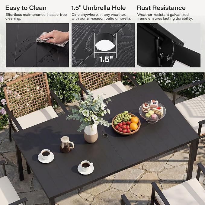 LAUSAINT HOME 7 Pieces Patio Dining Set, Outdoor Furniture Set of 6 Wicker Chairs (2 of Them Swivel) with Soft Cushion and Iron Slats Table Top with Umbrella Hole, Conversation Set for Backyard