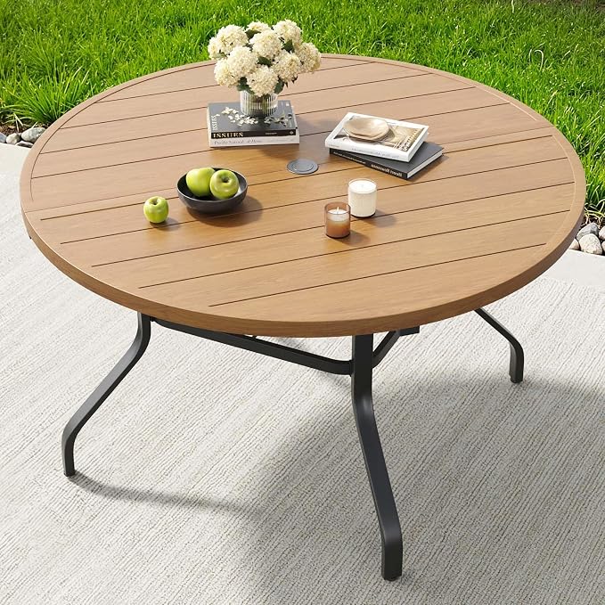 HRVEOCEI 47" Outdoor Round Table with Umbrella Hole, Metal Patio Dining Tables for Lawn Garden, Wood-Like Grain Bistro Table Outdoor for Backyard,Poolside,Deck,Por (Black+Natural, Round)