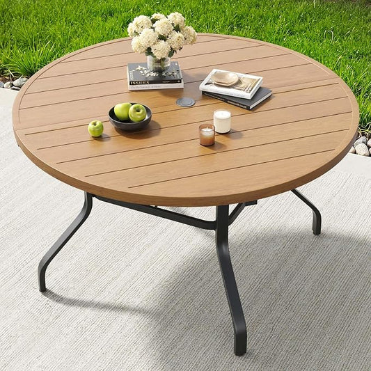 HRVEOCEI 47" Outdoor Round Table with Umbrella Hole, Metal Patio Dining Tables for Lawn Garden, Wood-Like Grain Bistro Table Outdoor for Backyard,Poolside,Deck,Por (Black+Natural, Round)