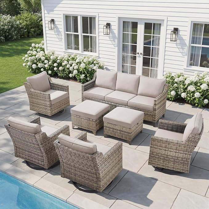 Belord Patio Wicker Swivel Rocker Patio Chairs with 3-Seater Sofa, Outdoor Rattan Chairs for Deck Porch Poolside, 7 Piece Patio Conversation Furniture Set,Beige