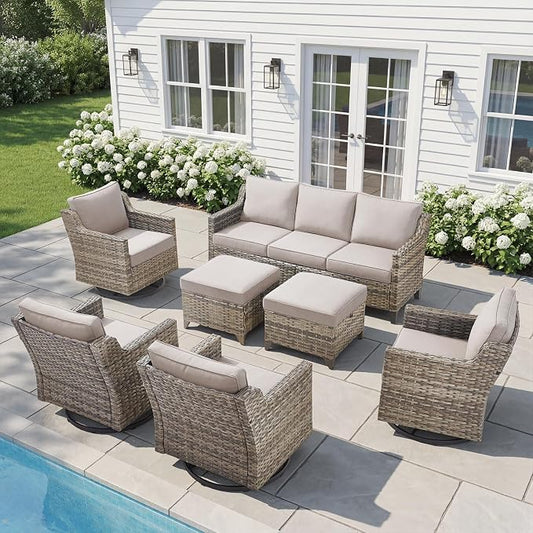 Belord Patio Wicker Swivel Rocker Patio Chairs with 3-Seater Sofa, Outdoor Rattan Chairs for Deck Porch Poolside, 7 Piece Patio Conversation Furniture Set,Beige