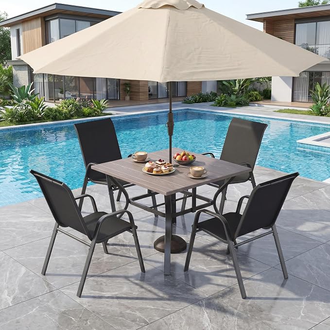 5 Pieces of Outdoor Dining Set - Square Patio Table with Umbrella Hole and 4 Stackable Dining Chairs All-Weather for Garden, Deck, and Poolside (Natural, 38“L x 38“W x 28"H Square Dining Table)