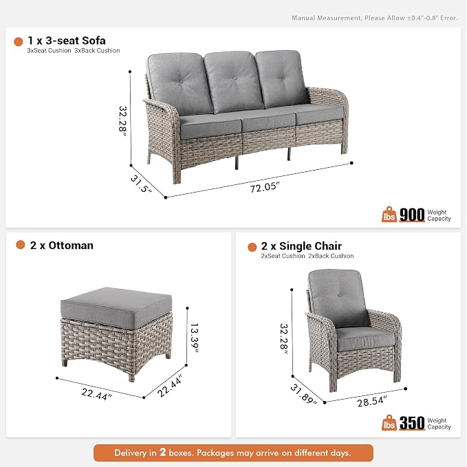 5-Piece Outdoor Patio Furniture Set,All Weather Wicker Rattan Patio Seating Sofa and Chair Set with Ottomans,Outdoor Conversation Sets with 3 Seater Couch for Porch Deck Yard,Grey