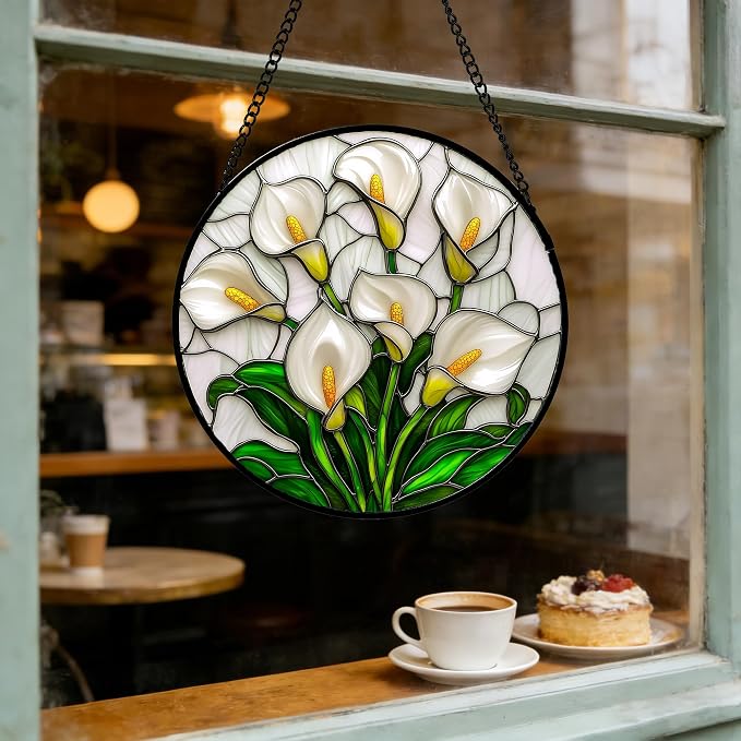 DASTOLL Stained Glass Window Hanging, White Calla Lily Suncatcher Diamond Glass Panel Hangings Flowers Sun Catchers Decor for Birthday for Women, Men, Wife, Aunt, and Mom 7.8 in