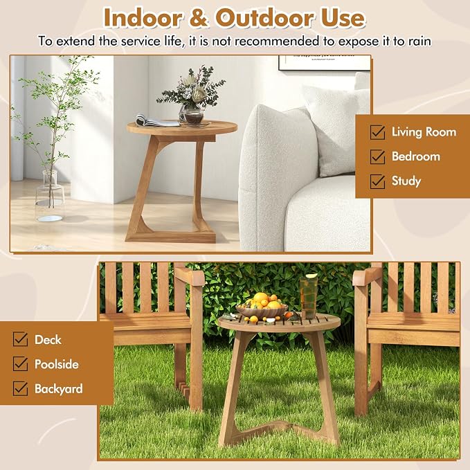 Giantex Teak Wood Outdoor Side Table, Round Patio End Table with Slatted Tabletop, Waterproof Sofa and Couch Side Table for Porch, Poolside, Living Room, Small Spaces, Easy Assembly, Natural