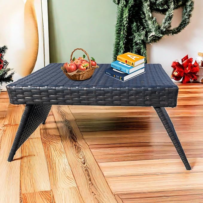 Outdoor Patio Coffee Table Foldable All Weather Tea Table Rattan Patio Table Folding PE Woven Wicker End Table, 23" D x 16" W x 16" H Dark Brown