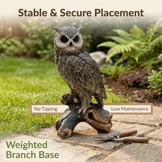 18.98" Hand-Painted Resin Owl Garden Statue | Lifelike Woodland Animal Figurine, Durable Yard Sculpture, Branch Base, Outdoor Patio, Lawn & Nature Decor