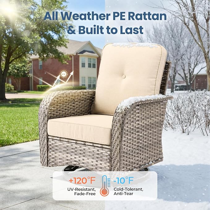 8 Piece Wicker Patio Furniture Set with Swivel Chairs,Beige | 4 Swivel Rocker Chairs, High Back Loveseat Sofa, Coffee Table, Rattan Outdoor Conversation Set, Porch Deck Backyard Poolside