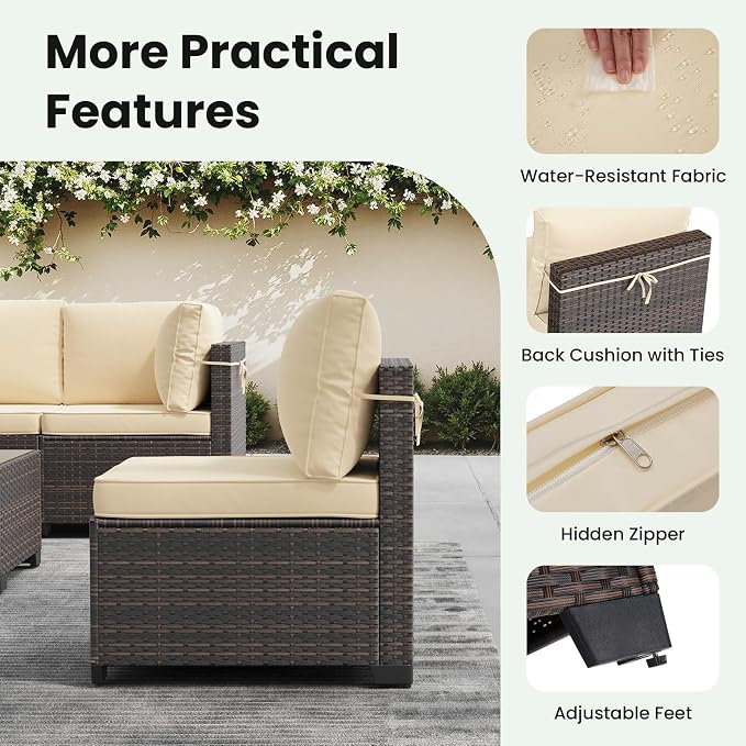 Soohow 7-Piece Patio Furniture Set, Outdoor Conversation Set, Thickened All-Weather Rattan Sectional Sofa with Tempered Glass Table for Garden, Porch, Backyard - Beige Cushions