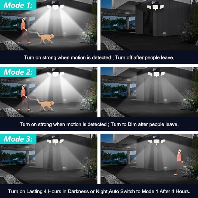 Tuffenough Solar Outdoor Lights 2500LM 210 LED Security Lights with Remote Control,3 Heads Motion Sensor Lights, IP65 Waterproof,270° Wide Angle Flood Wall Lights with 3 Modes(4 Pack)