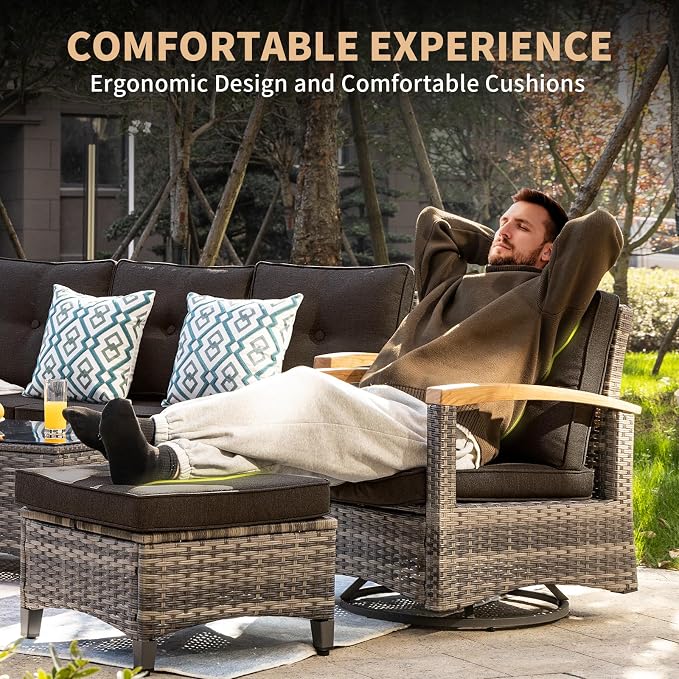 MEISSALIVVE 6 Pieces Patio Furniture Sets, PE Wicker Outdoor Conversation Sets with 2 Wood Armrests Swivel Glide Chairs, 2 Ottomans and Dining Table (Black)
