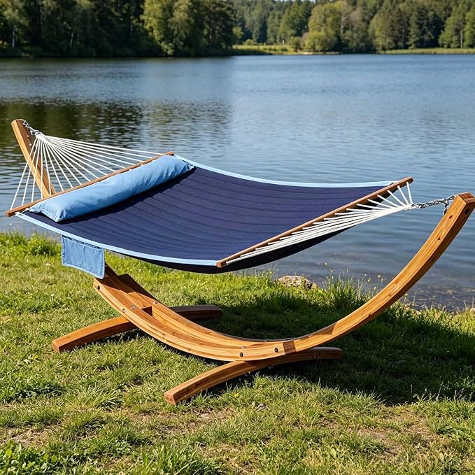 Lazy Daze Hammocks 2 Person Double Quilted Hammock with Spreader Bar, Detachable Pillow & Side Pocket, 450lbs Capacity for Patio Yard Garden Outdoor, Blue