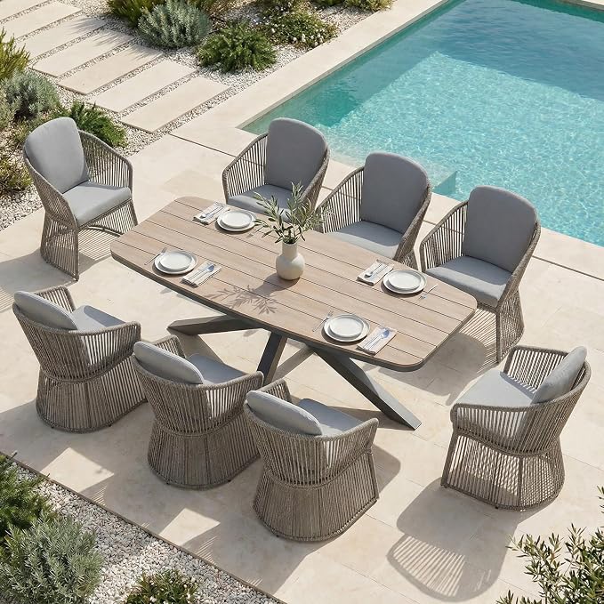 SUNSITT 9 Piece Outdoor Patio Dining Set, Patio Dining Furniture Set with 87” Aluminum Dining Table w/X Base Legs and 8 Woven Wicker Outdoor Patio Chairs w/Curved Armrest for Garden, Dark Grey