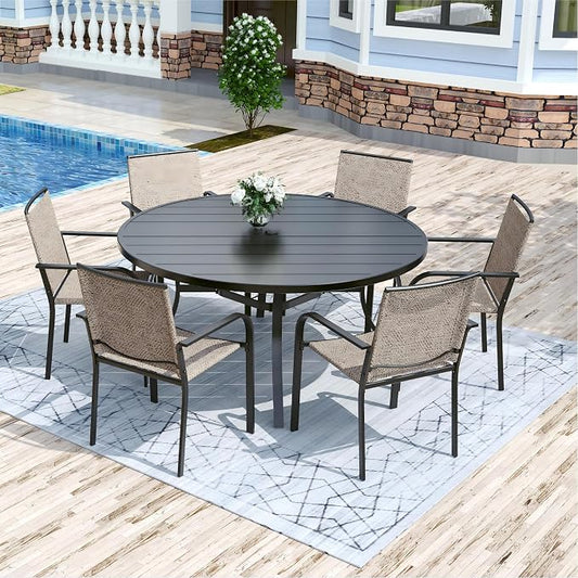 Anmutig 7 Piece Patio Dining Set 54 Inch Round Table Stackable Chairs Beige | Powder-Coated Steel Frame, Quick-Dry Textilene Mesh, Dual-Size Umbrella Hole, Weather Resistant, Patio, Garden, Backyard