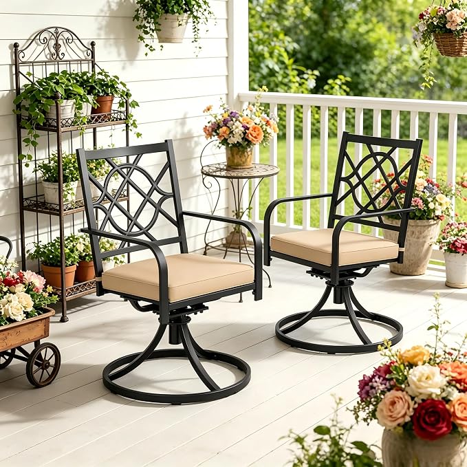 Oakcloud Outdoor Metal Swivel Dining Chairs, Strong Capacity Patio Chairs Set of 2, Patio Dining Chair Patio Furniture with Cushion for Garden, Backyard, Bistro, Black