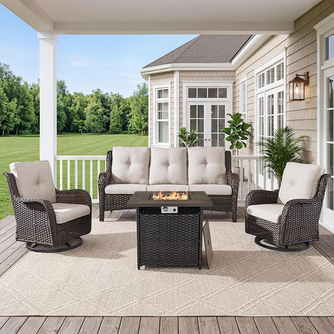 Belord 4 Piece Patio Wicker Furniture Set, Outdoor Swivel Rocker Chairs, All Weather Outdoor Patio Couch with Fire Pit Table for Deck Porch, Brown Wicker/Beige
